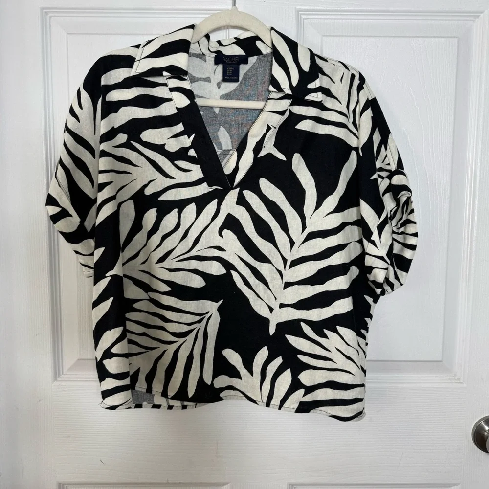 Rachel Roy Linen Blend Palm Leaf Boxy Top Medium Black Cream - Picture 8 of 8